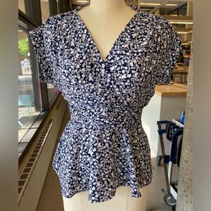 Monteau Blue and White Floral Surplice Wrap Top - Size S